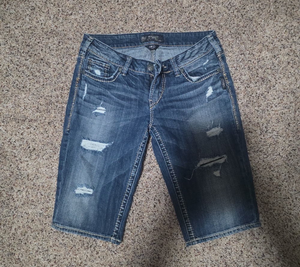 Silver Jeans Distressed Dark Blue Denim Bermuda Shorts with Rips